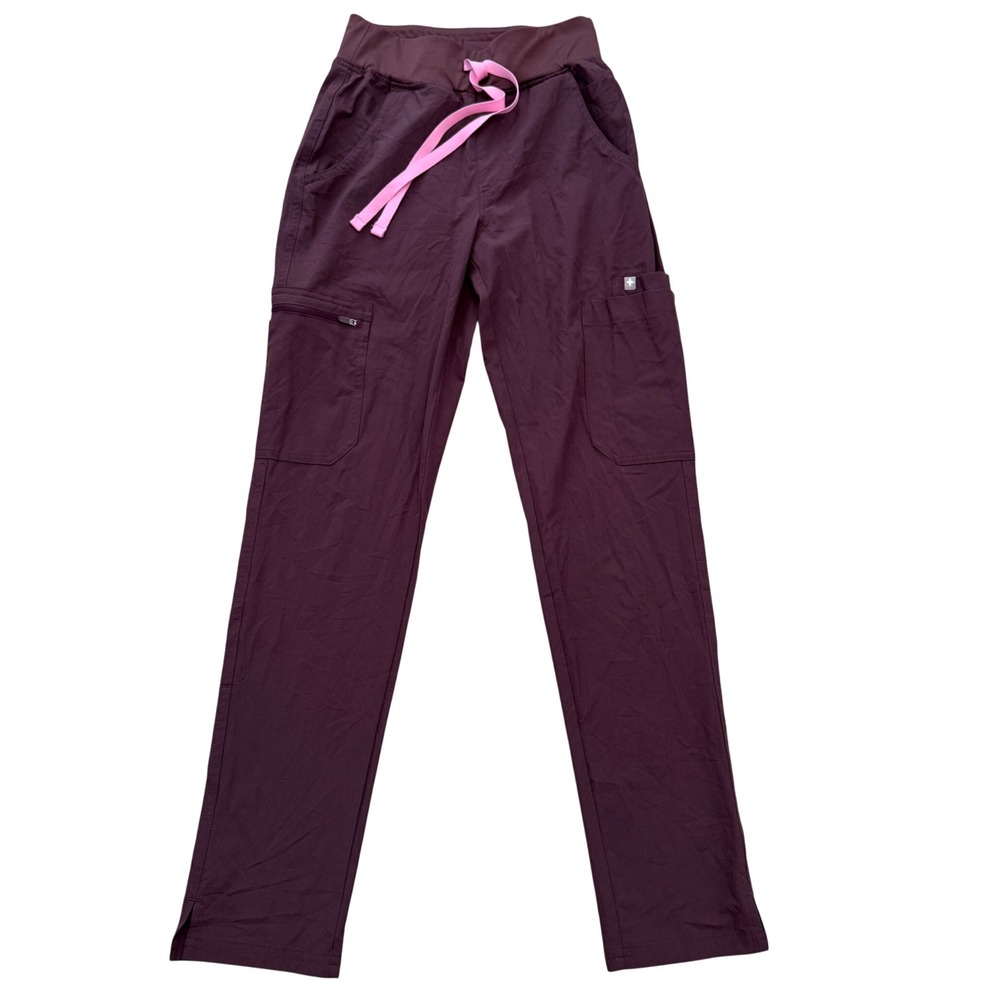 Figs Scrub Pants Women XXS Burgundy Technical Collection Cargo Yoga Waistband